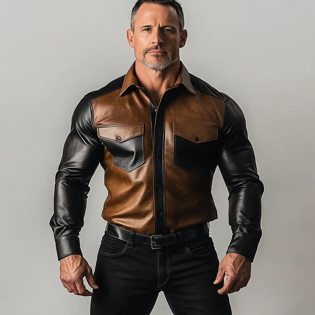 Men's PU Leather Color Blocks Chest Pocket Long Sleeve Shirt