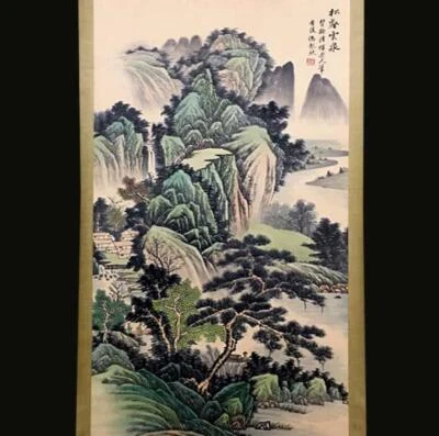 Feng Chaoran Signed Chinese Hand Painted Calligraphy Scroll w/landscape N2135