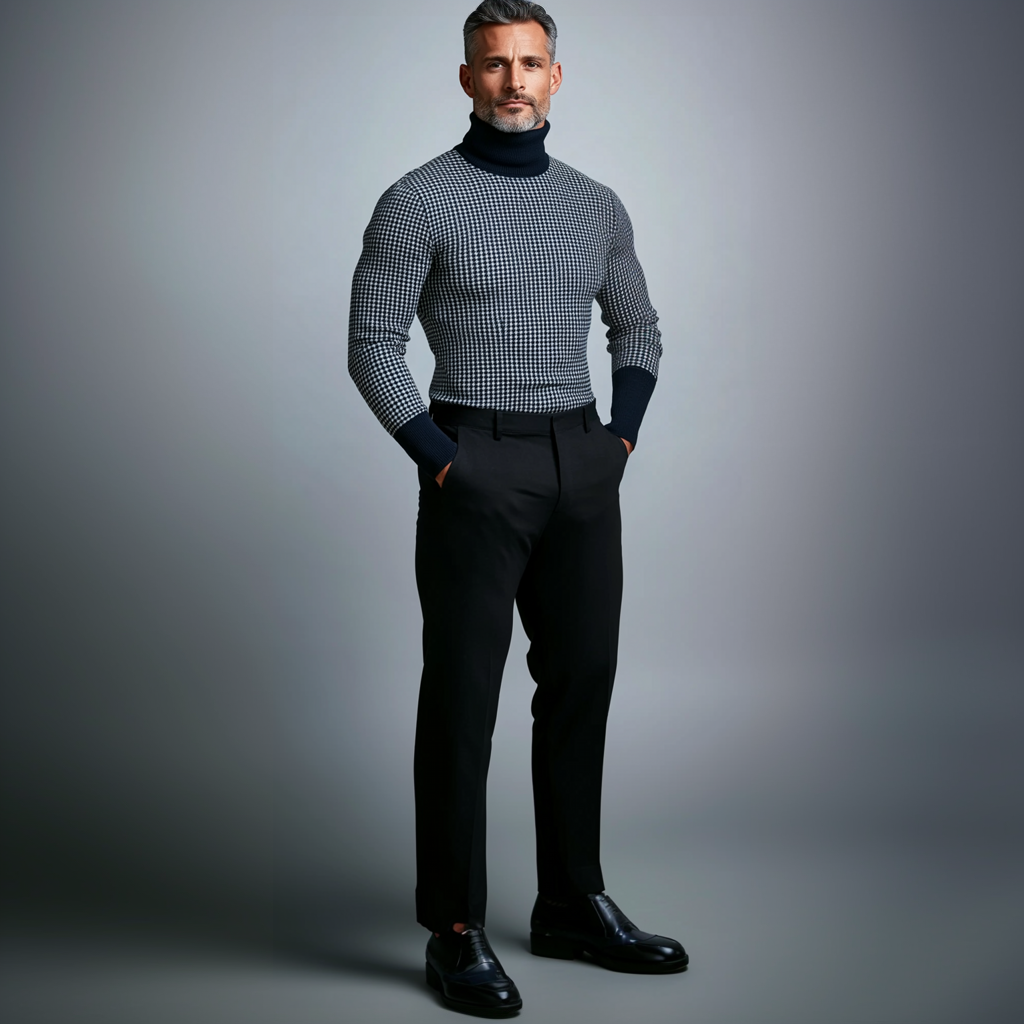 Men's High Neck Long Sleeve Houndstooth Knit Sweater