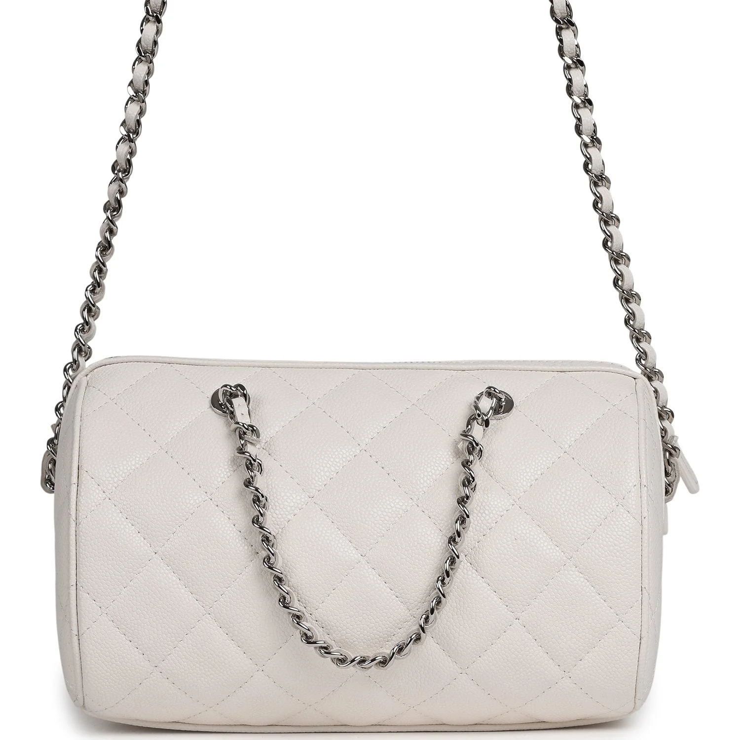Chanel Mini Timeless Classic Barrel Bag with Chain White Shiny Caviar Silver Hardware