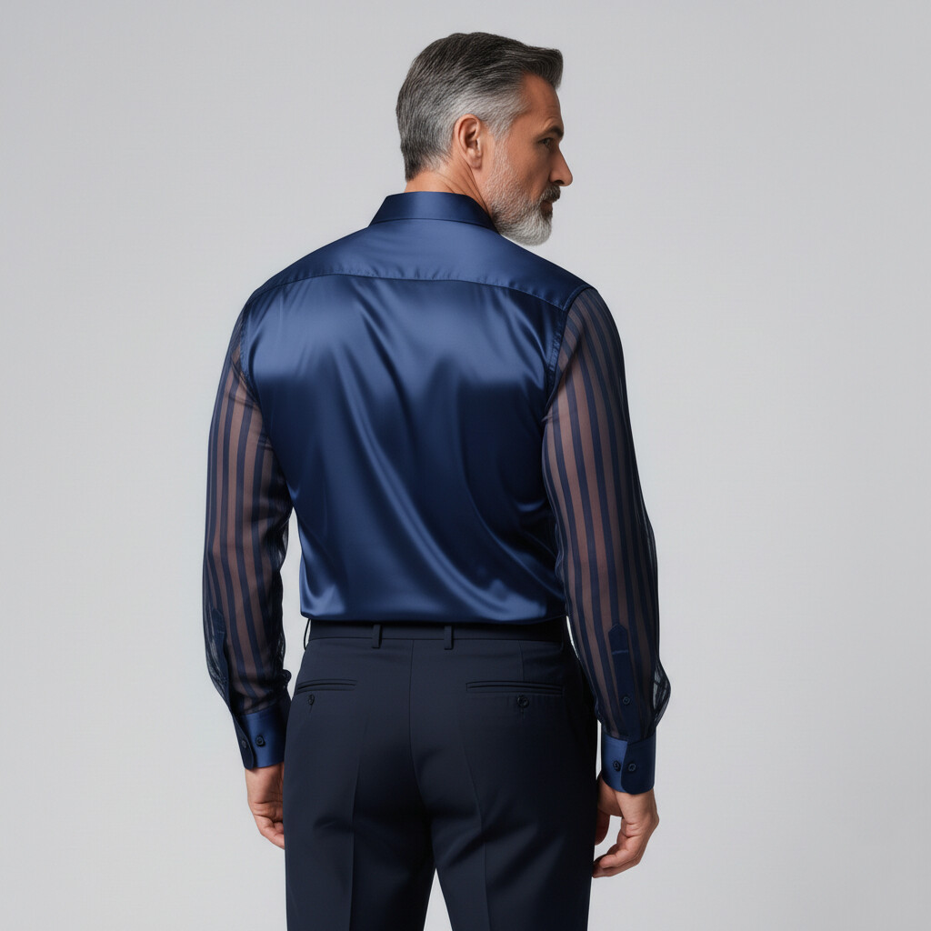 Men's Navy Blue Satin Patchwork Sheer Striped Organza Long Sleeve Shirt