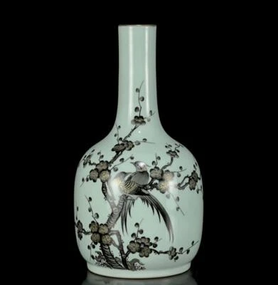 Qianlong Signed Pair Old Chinese Ink Color Vase W/bird N1497