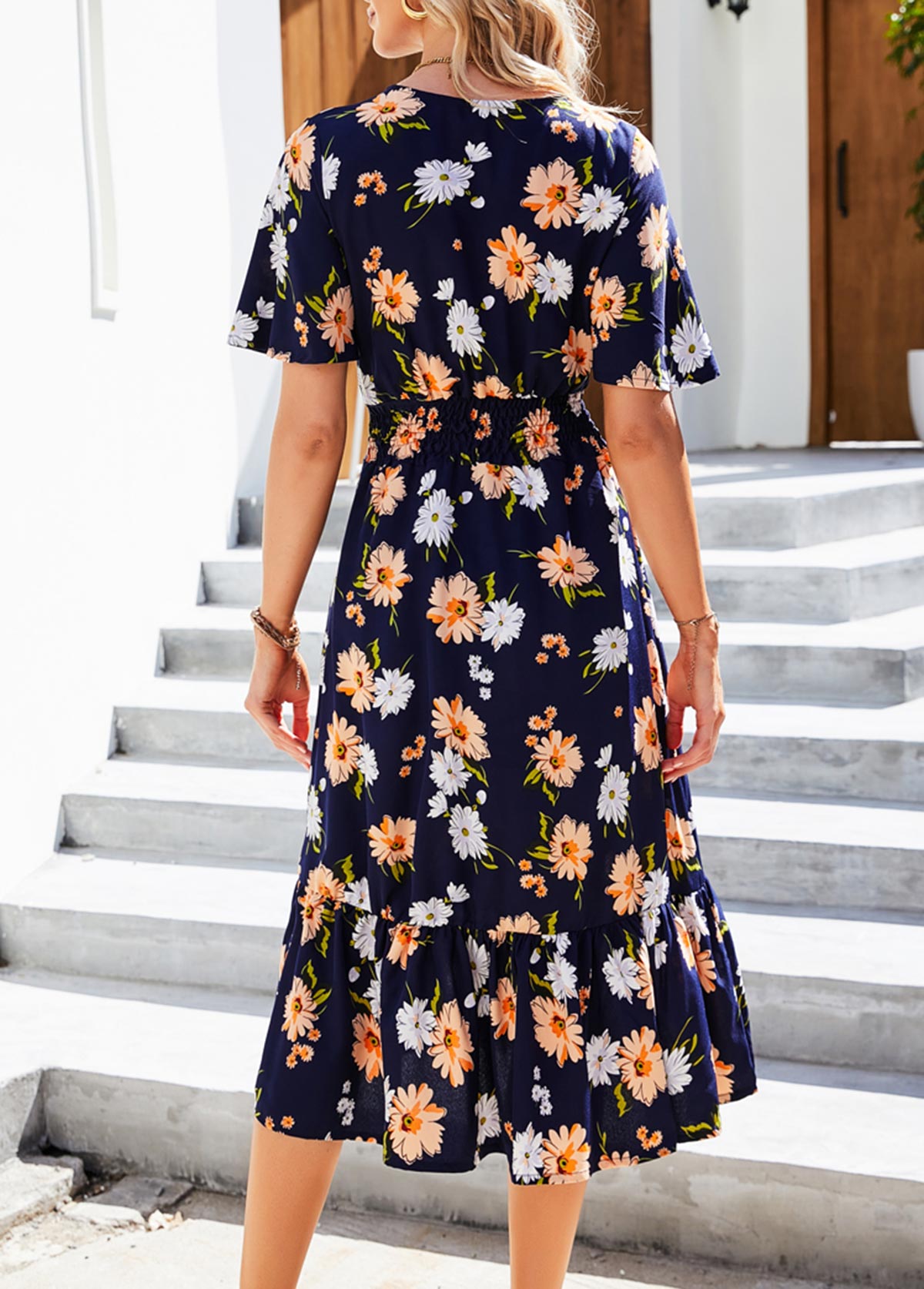 Navy Blue Smocked Floral Print Flounce Dress