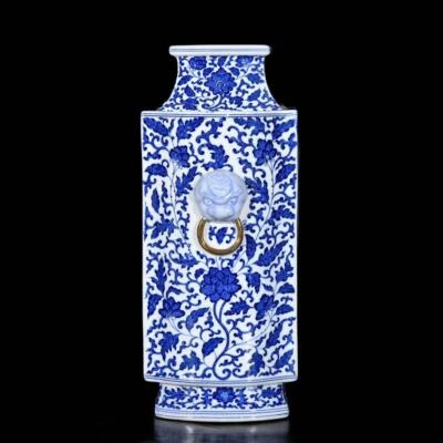 34CM Qianlong Signed Old Chinese Blue&White Colour Enamel Vase W/kid N3755