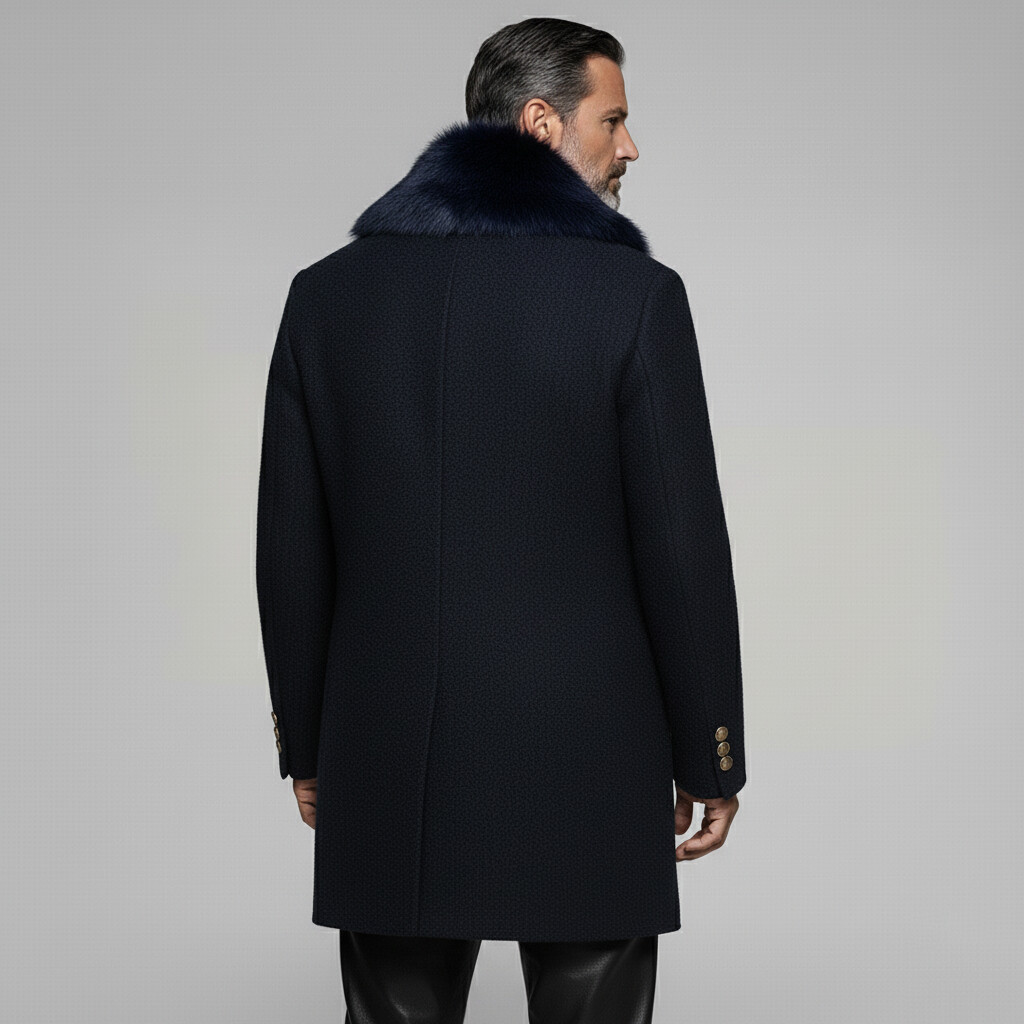 Men's Business Black Furry Collar Long Sleeve Double Breasted Mid-Length Overcoat