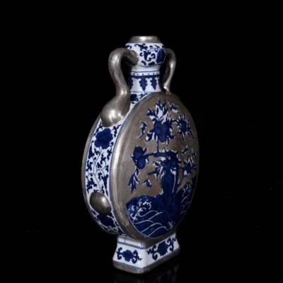 35CM Qianlong Signed Old Chinese Blue and White Silvering Vase W/peach N360