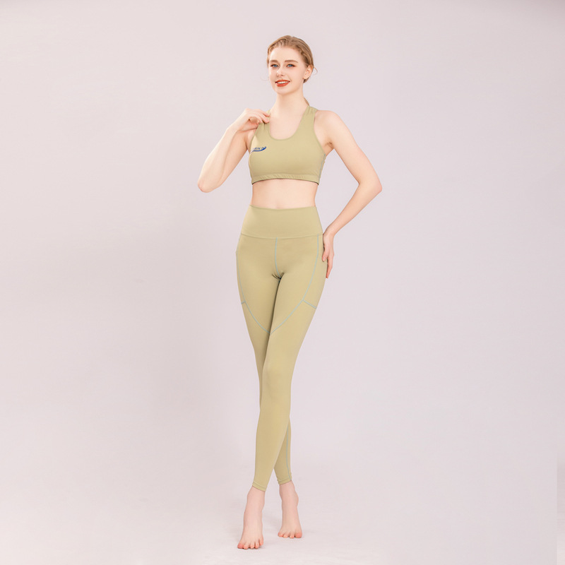 Cross-border Conservative Yoga Suit Sleeveless with Chest Pad Running Quick-drying Sports Bra Fitness Wear Top Pants Suit