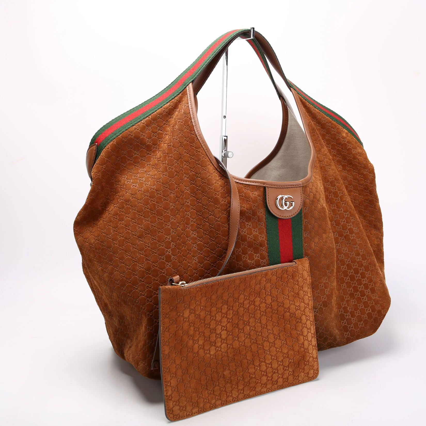 GUCCI 853971 GG Suede Giglio Large Tote Brown/Red/Green
