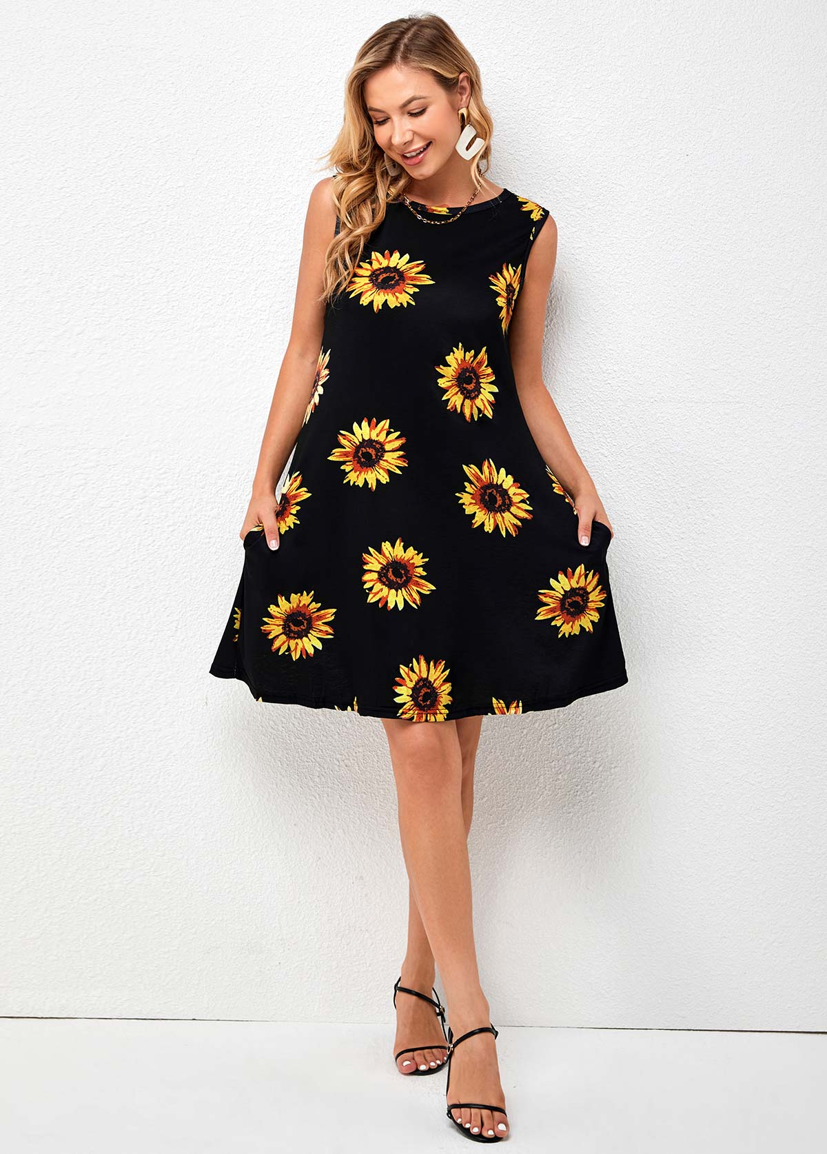 Printed Round Neck A Line Dress