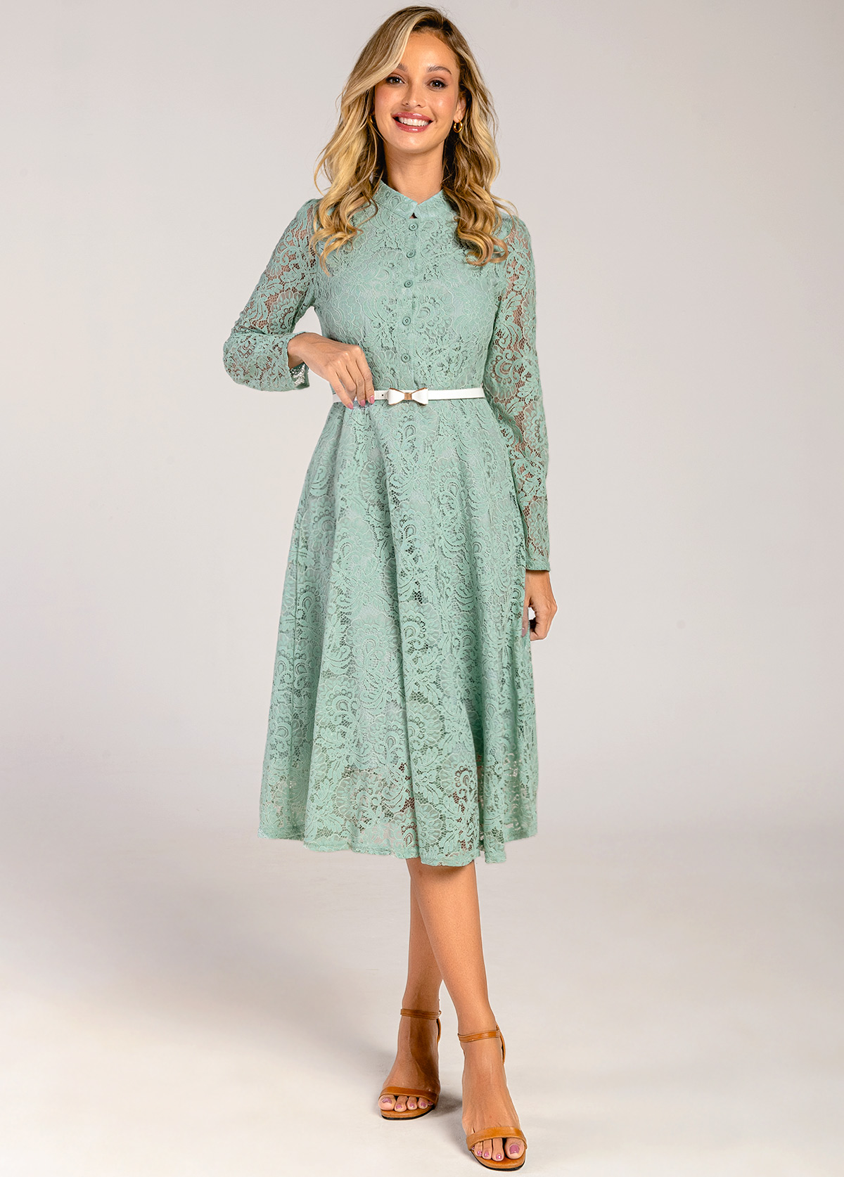 Bowknot Belted Lace Trim Mock Neck Sage Green Dress