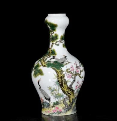 Yongzheng Signed Pair Old Chinese Colour Enamel Vase W/crane N3605