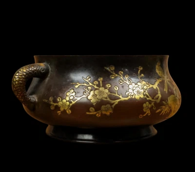 Xuande Signed Old Chinese Red Copper Handmade Incense Burner w/bird N3872