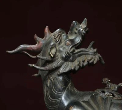 26CM Old Chinese Bronze Incense Burner w/kylin N2927