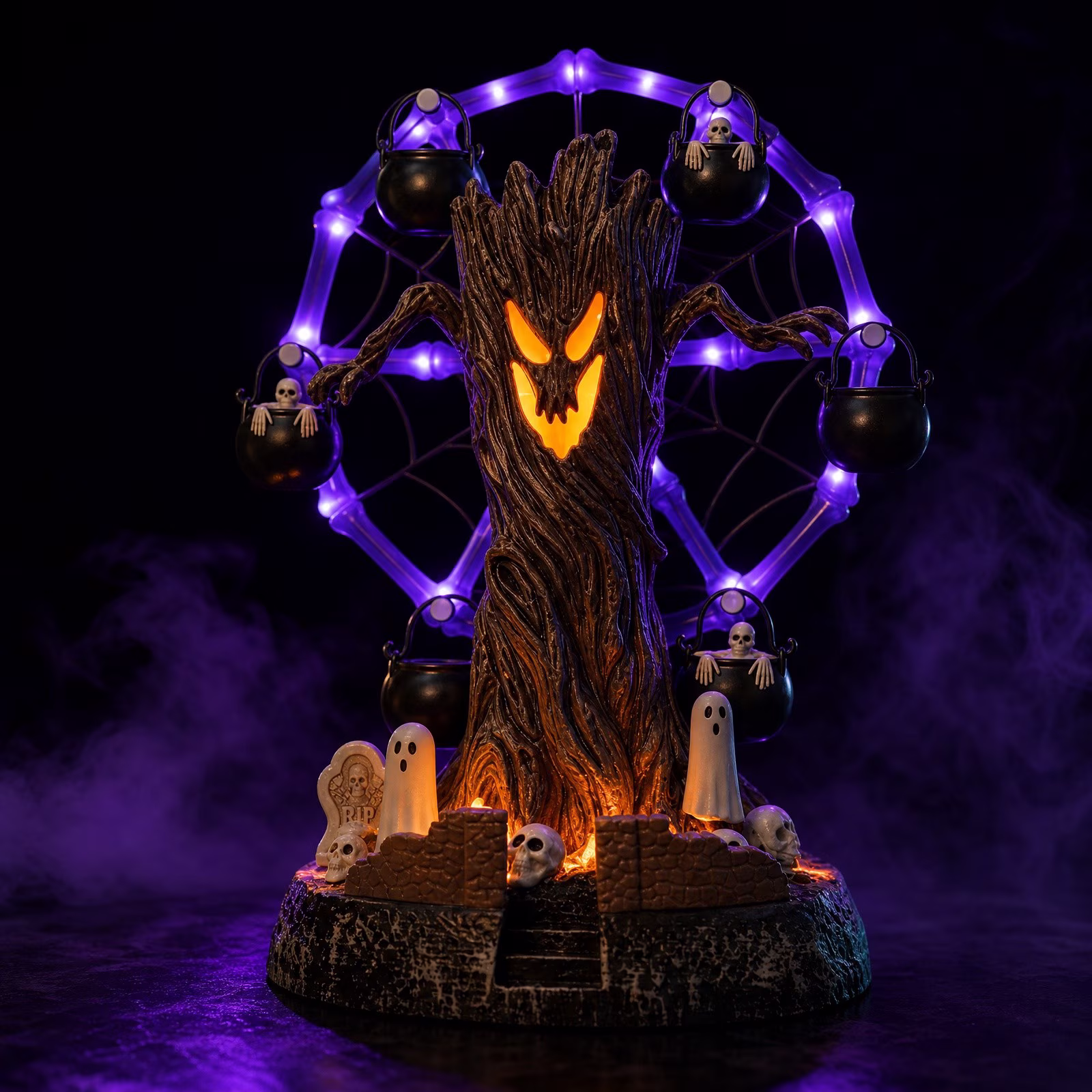 Halloween Ghost Tree Ferris Wheel Table Decor, Light Up Purple Spider Web Ferris Wheel Ghost Tree with Skull Cauldron & Ghost Graveyard Figurine, Spooky Halloween Statue Desktop Ornament