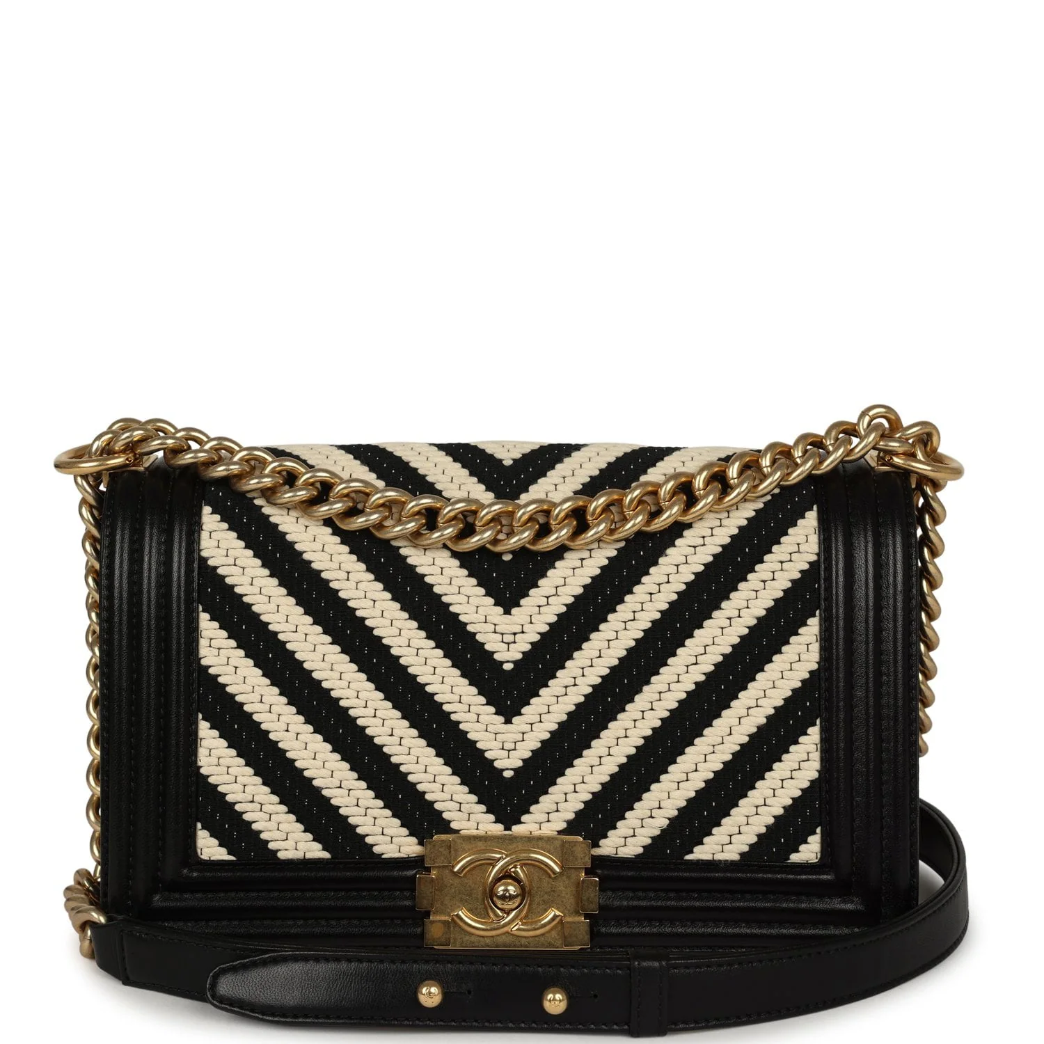 CHANEL Medium Braided Chevron Boy Bag Black & White Fabric, Black Calfskin Antique Gold Hardware