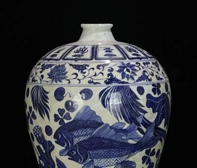 45CM Old Chinese Blue and White Vase W/ fish N604