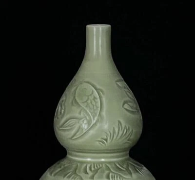 Old Chinese Yaozhou Yao Yaozhou Kiln Gourd Vase w/fish N45