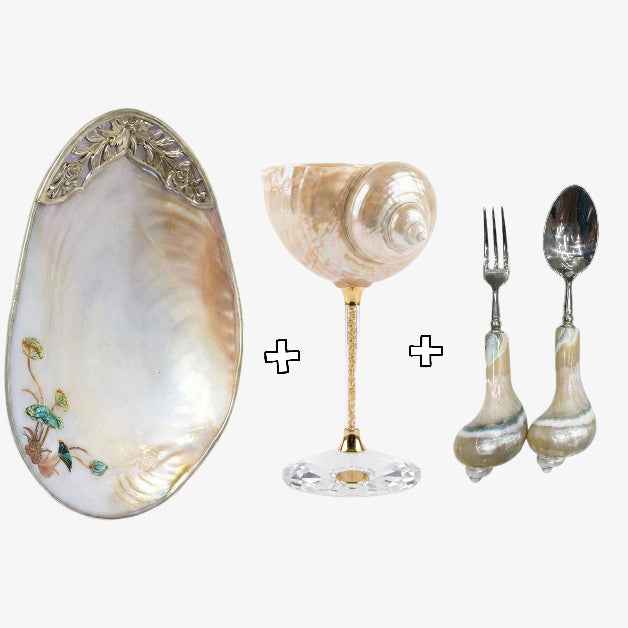 Handcrafted Shell 4-Piece Single Dining Set – 1x Iridescent Shell Plate, 1x Elegant Cup, 1x Natural Mother-of-Pearl Spoon & Fork Pair – Luxury One-Person Ocean Tableware Set