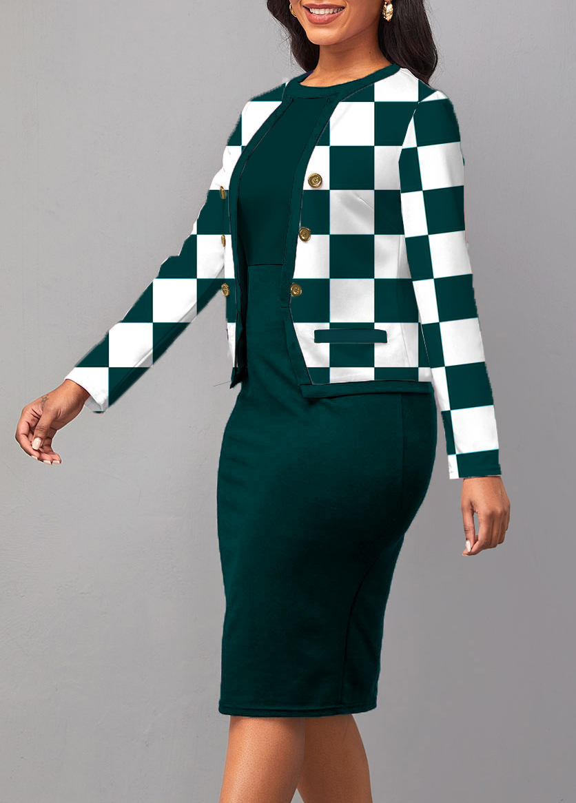 Round Neck Checkered Print Long Sleeve Two Piece Dress