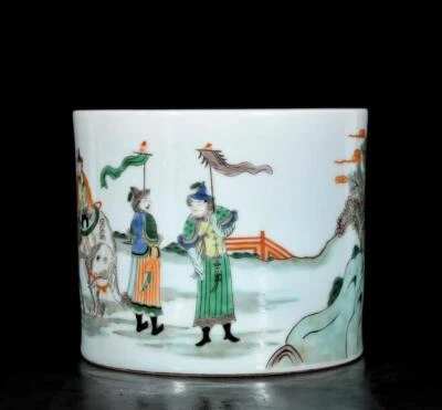 Kangxi Signed Old Chinese Colour Enamel Brush Pot W/figure N3598