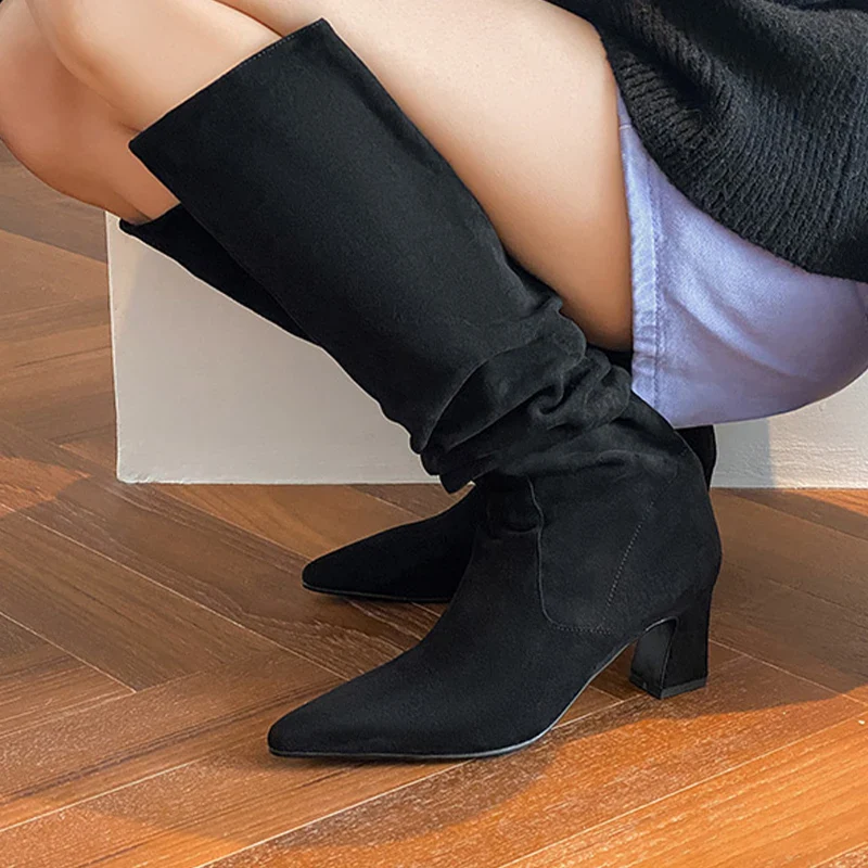 High Heels Women High Boots Suede Pointed Toe Fashion Shoes Designer Dress