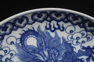 30CM Kangxi Signed Antique Chinese Blue & White Porcelain Dish w/dragon