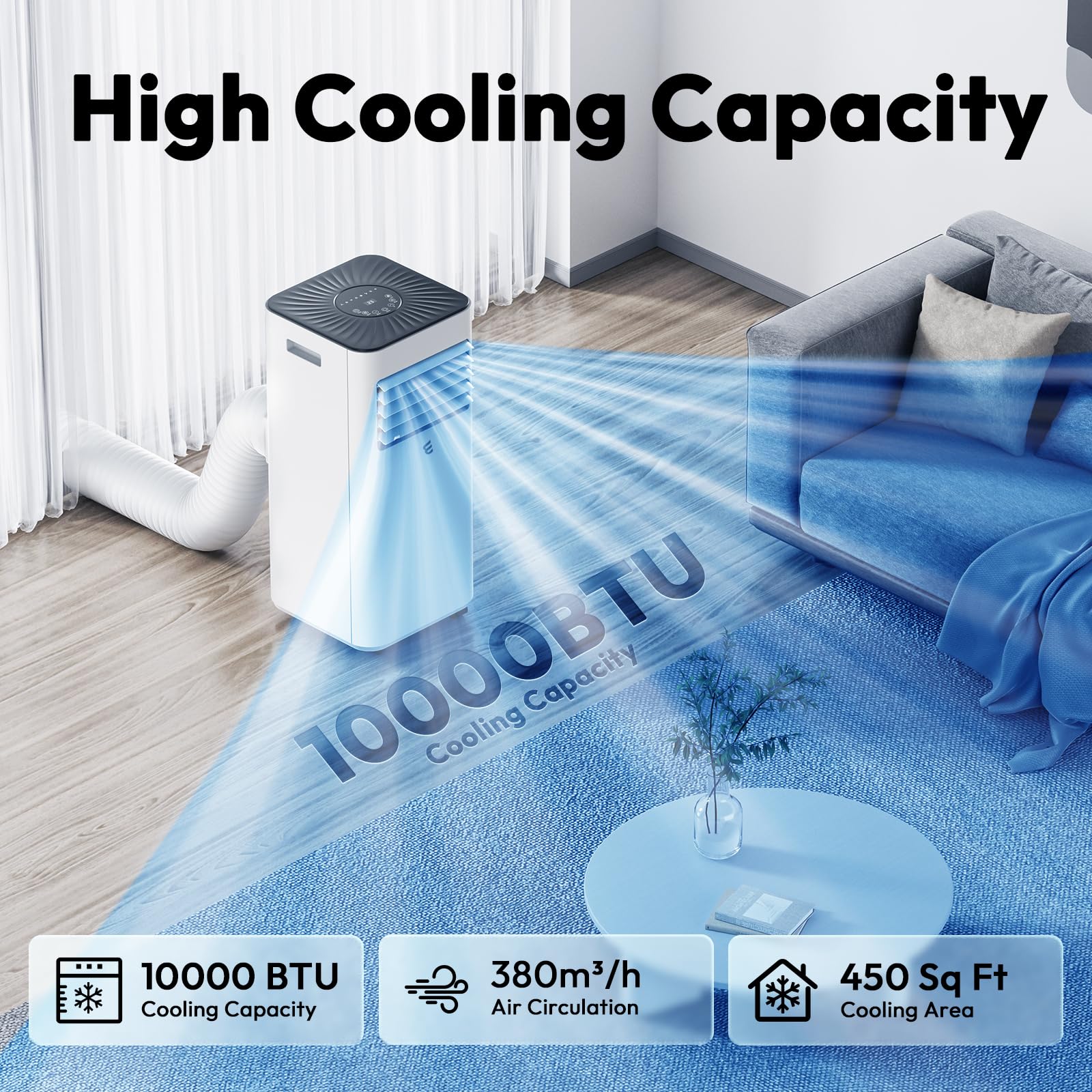 10,000 BTU portable air conditioner with remote control, suitable for rooms up to 450 square feet