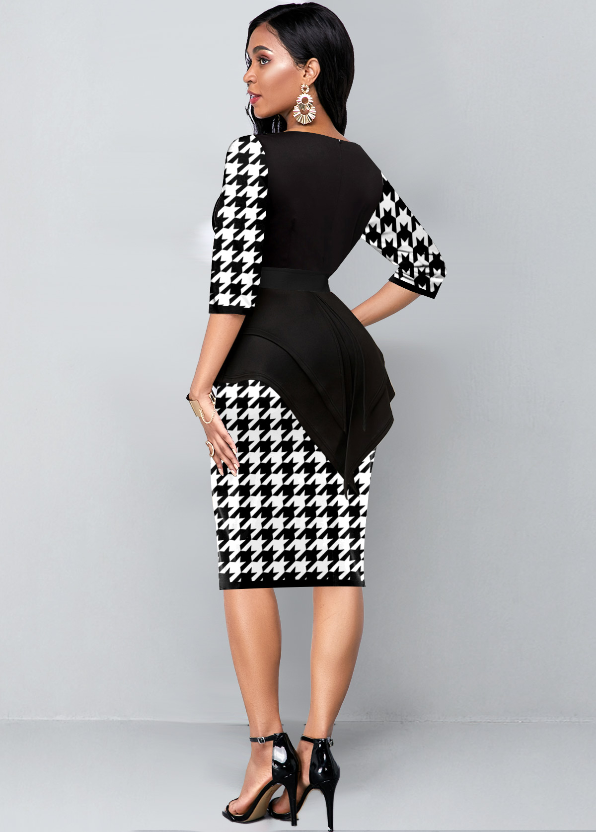 Faux Two Piece Houndstooth Print Black Dress