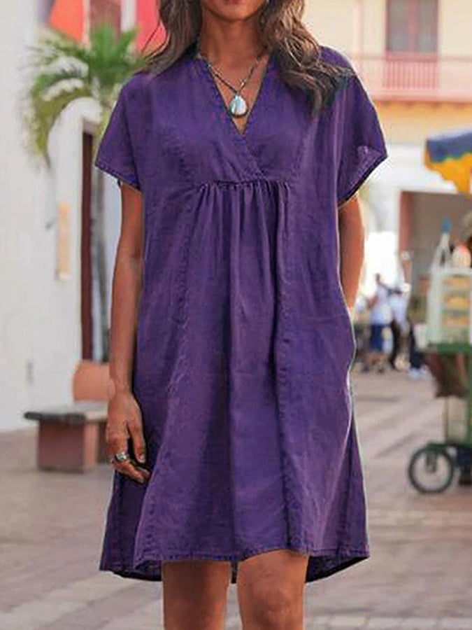 Women's Cotton Linen V Neck Loose Casual Dress