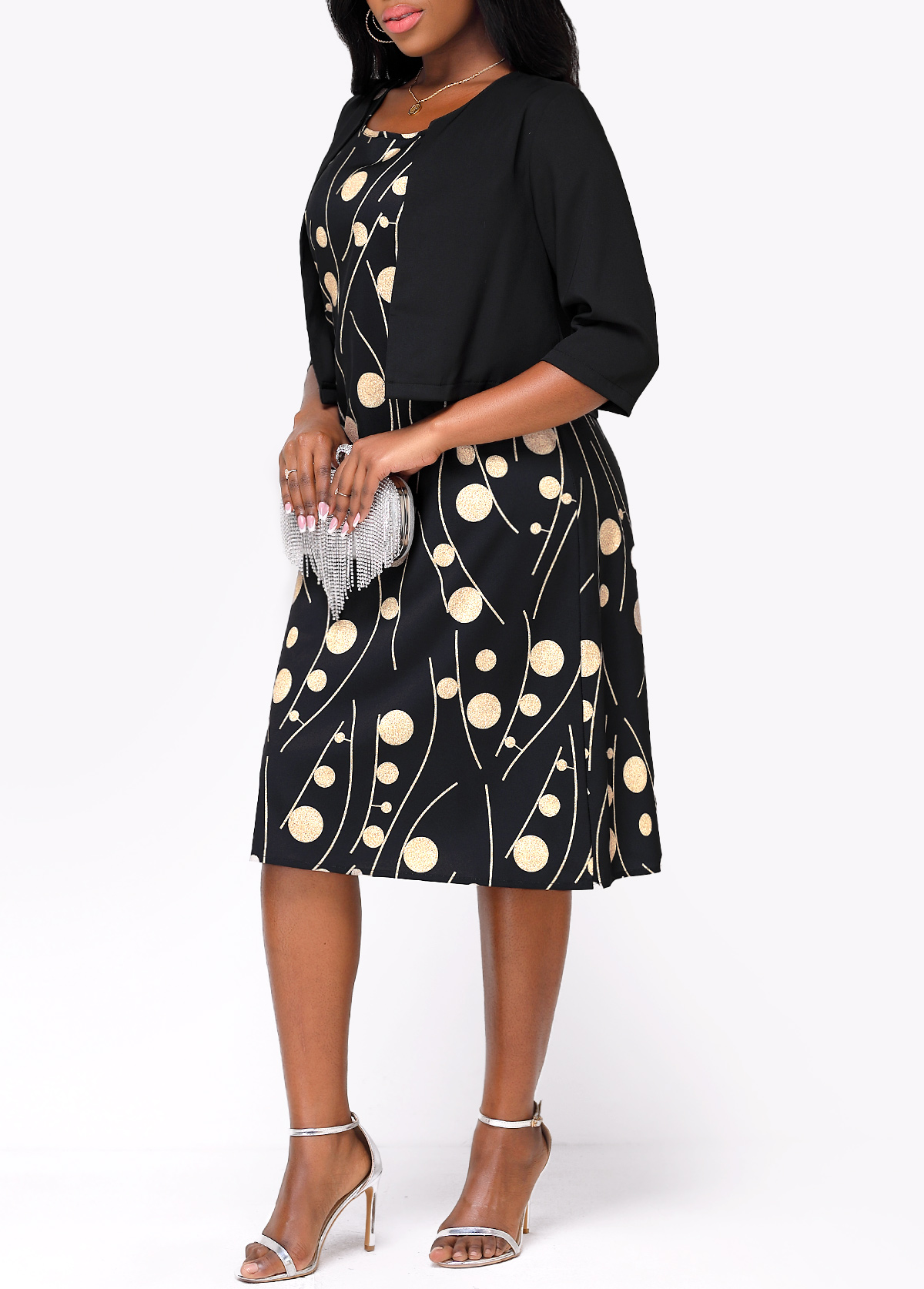 Open Front Black Shawl and Round Neck Dress