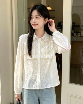 Long sleeve lotus leaf edges shirt lapel tops for women