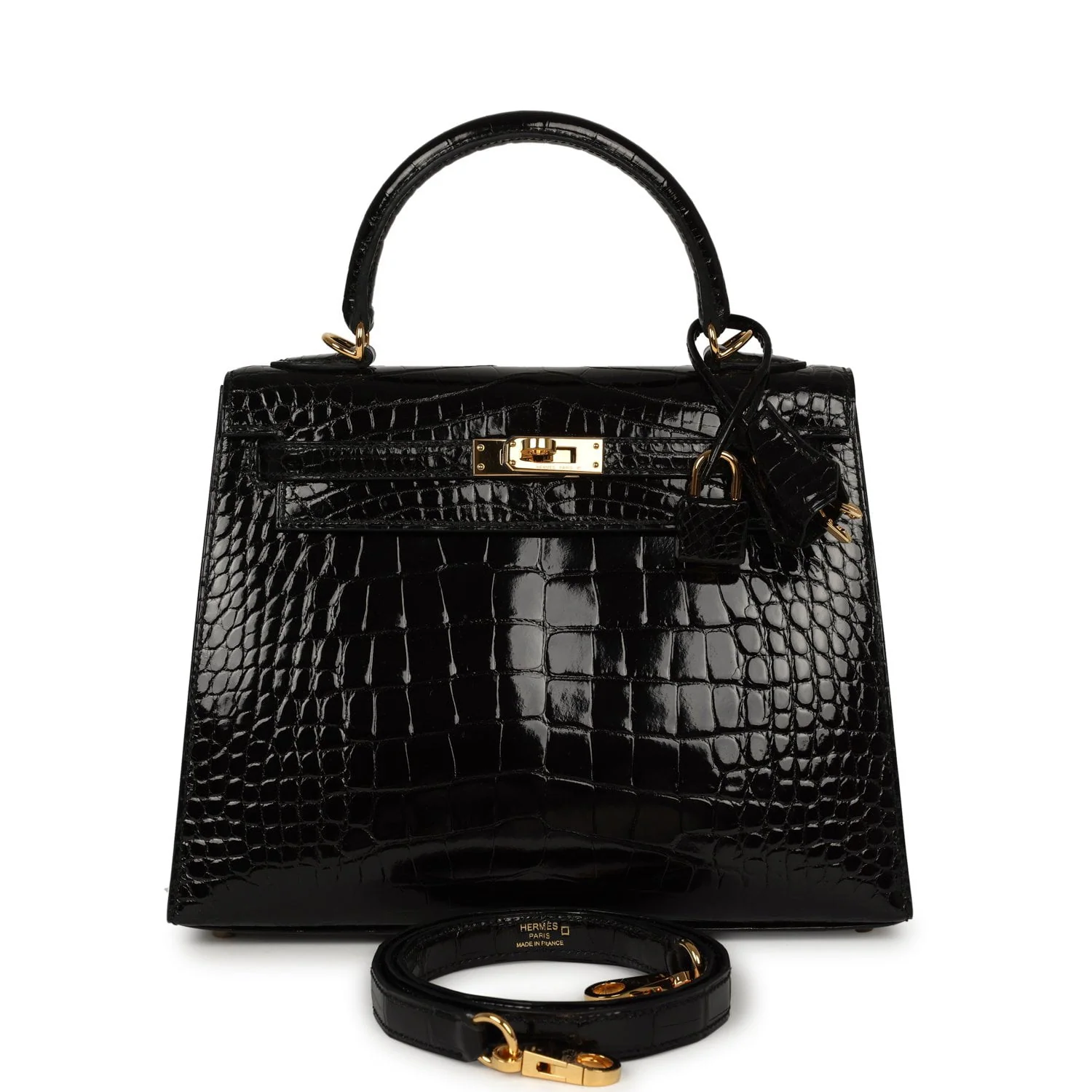 HERMÈS Kelly Sellier 25 Black Shiny Alligator Gold Hardware