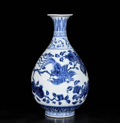 32CM Xuande Signed Old Chinese Blue and White Vase W/bird N3565