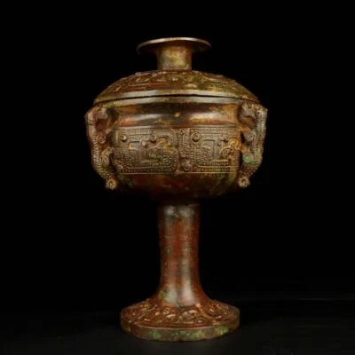 24CM Old Chinese Bronze Statue Dou Pot w/dragon N1766