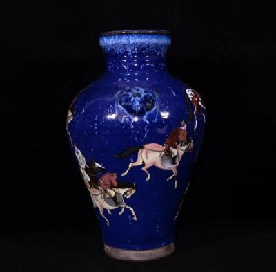 32CM Signed Old Chinese Song Jian Kiln Vase w/horse N2966