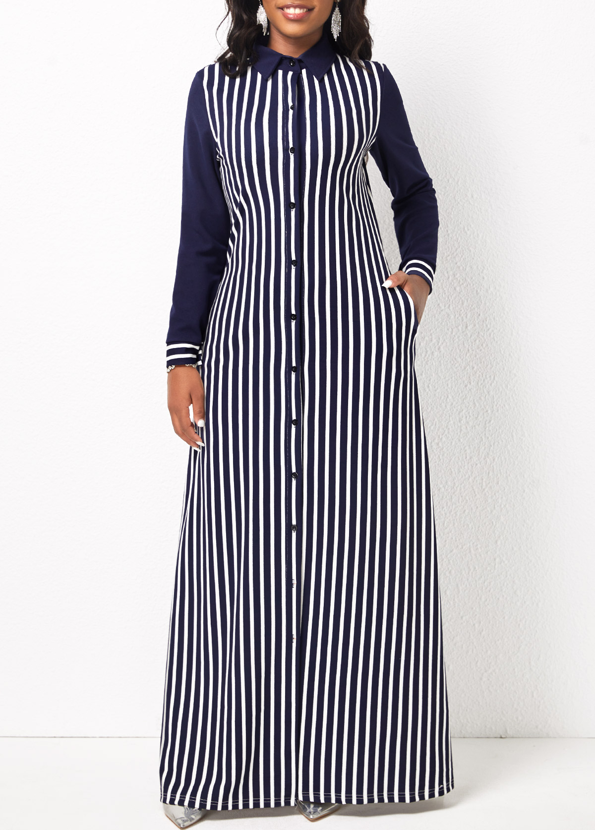 Striped Pocket H Shape Maxi Dress