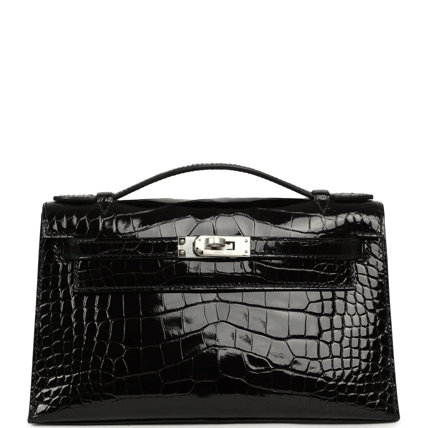 HERMÈS Special Order (HSS) Kelly Pochette Black Verso Shiny Alligator Palladium Hardware