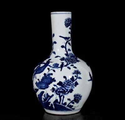 37CM Qianlong Singed Old Chinese Blue and White Vase W/bird N3400