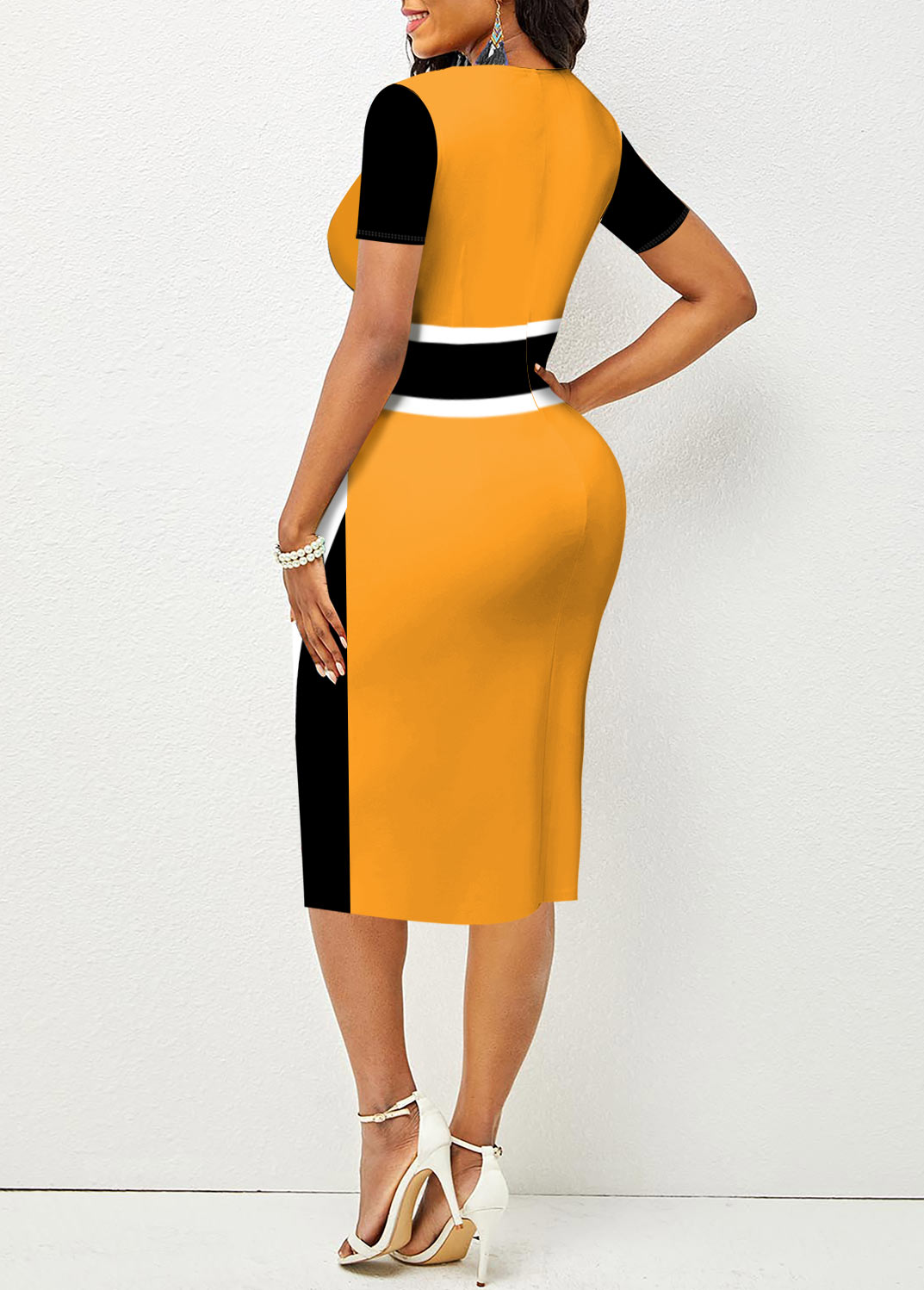 Short Sleeve Ginger Contrast V Neck Dress