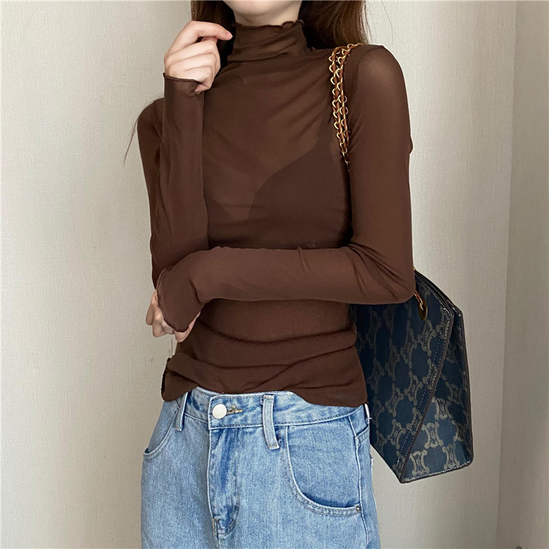 Slim-fit turtleneck inner long-sleeved lace bottoming shirt Women's thin mesh top autumn and winter black wooden ear gauze shirt Women