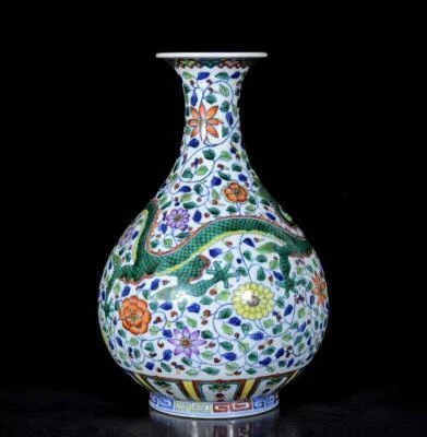 31CM Yongzheng Signed Old Chinese Doucai Vase W/dragon N3285