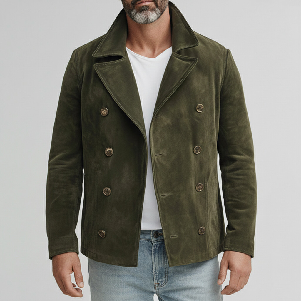 Men's Retro Army Green Suede Solid Lapel Collar Double Breasted Long Sleeve Jackets