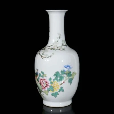 34CM Qianlong Signed Old Chinese Colour Enamel Vase W/bird N3272