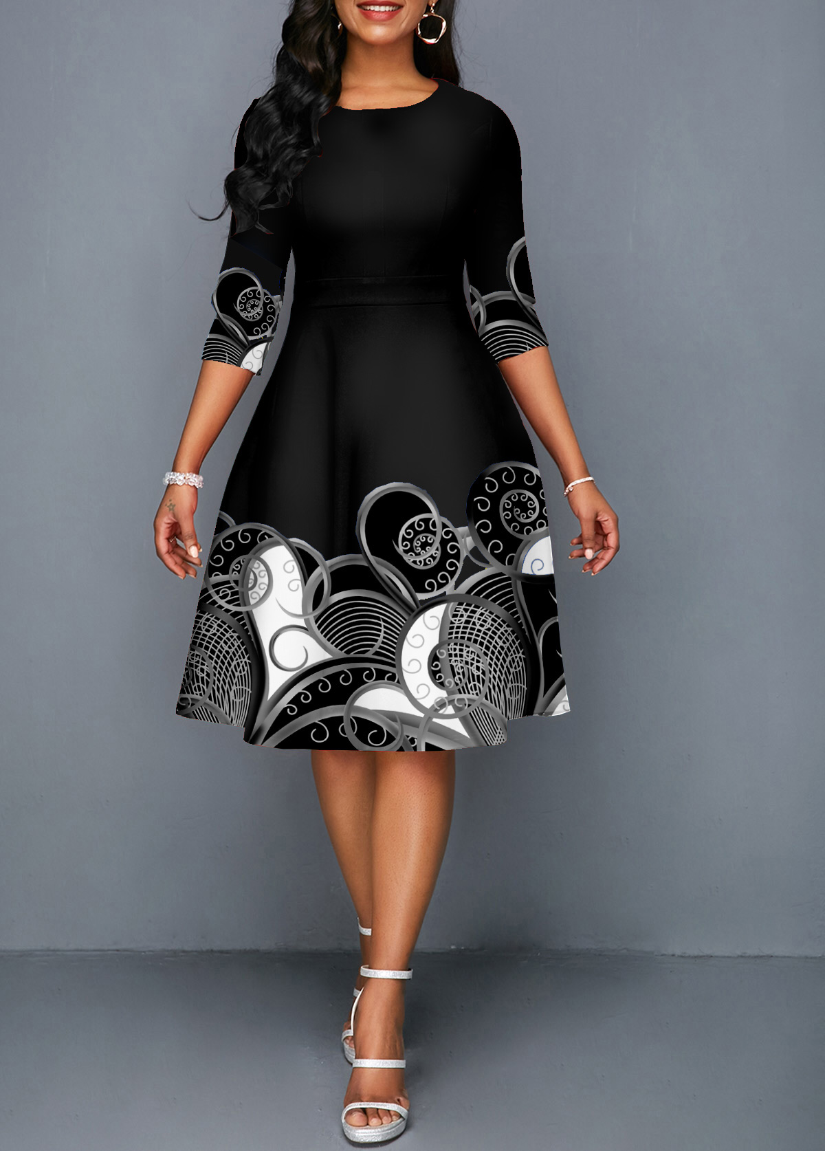 Tribal Print 3/4 Sleeve Round Neck Dress