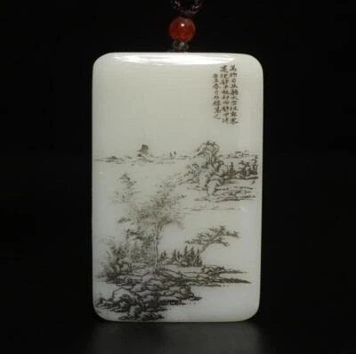 77G Chinese Carved Nephrite Jade Pendant w/landscape and Guangong