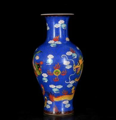 40CM Qianlong Signed Old Chinese Cloisonne Enamel Vase W/dragon N3440