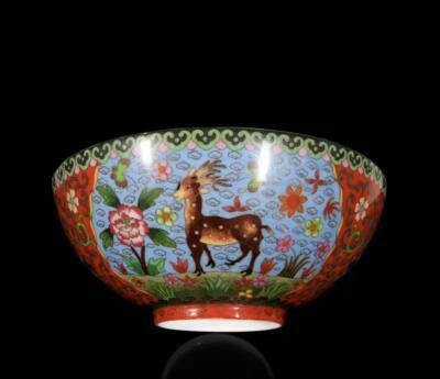 30CM Chenghua Signed Old Chinese Colour Enamel Bowl W/deer N3370