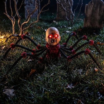 Sound-and-touch-activated Walking Spider Halloween Animatronics with Flashing Red Eyes