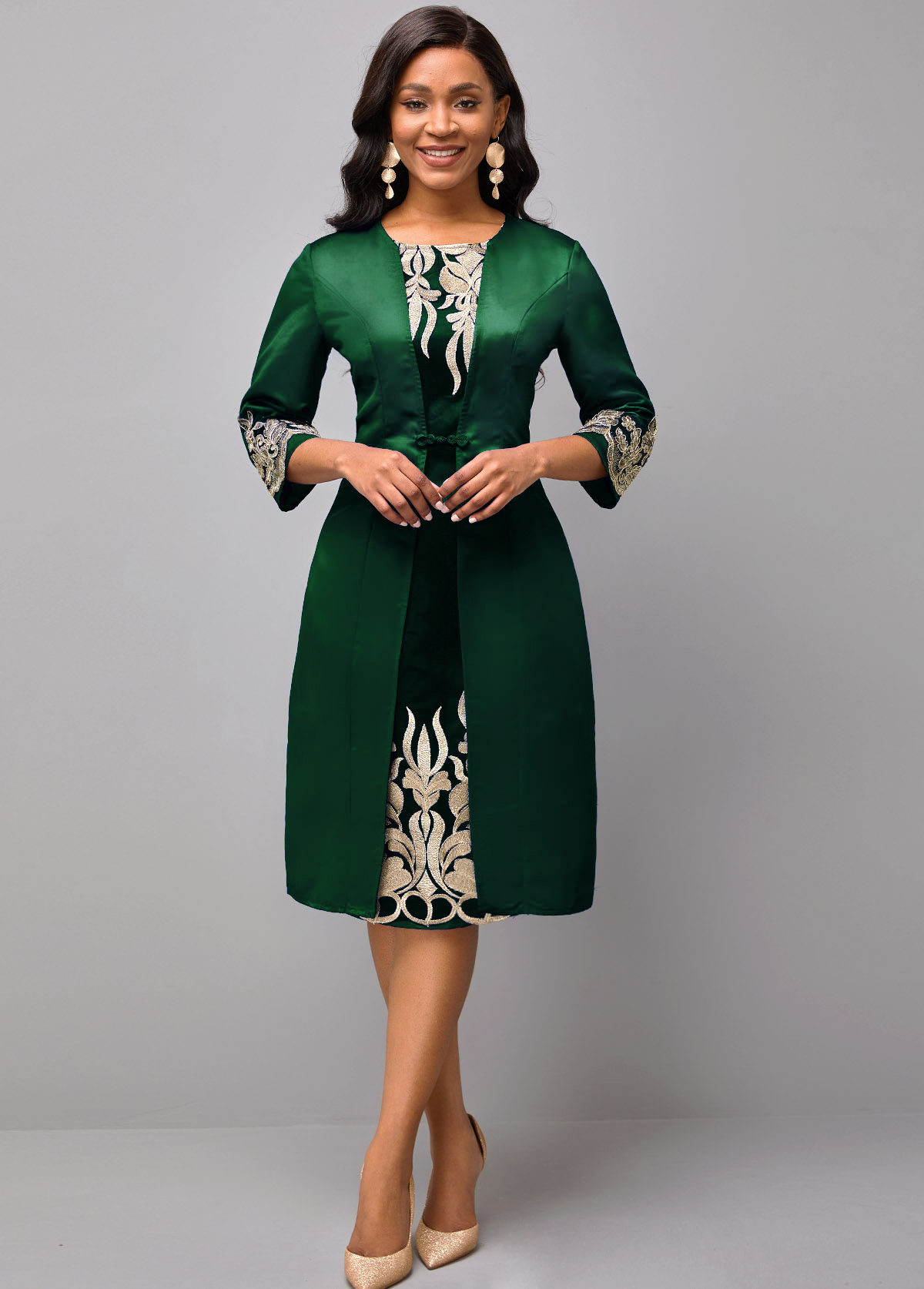 3/4 Sleeve Round Neck Embroidered Dress