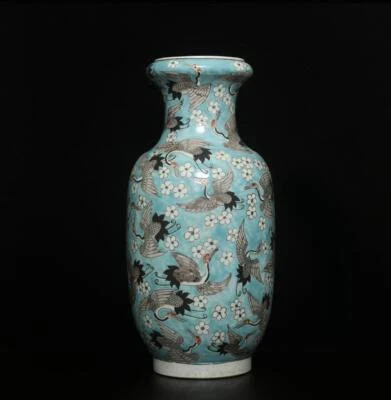 42CM Kangxi Signed Antique Chinese Famille Rose Vase W/cranes